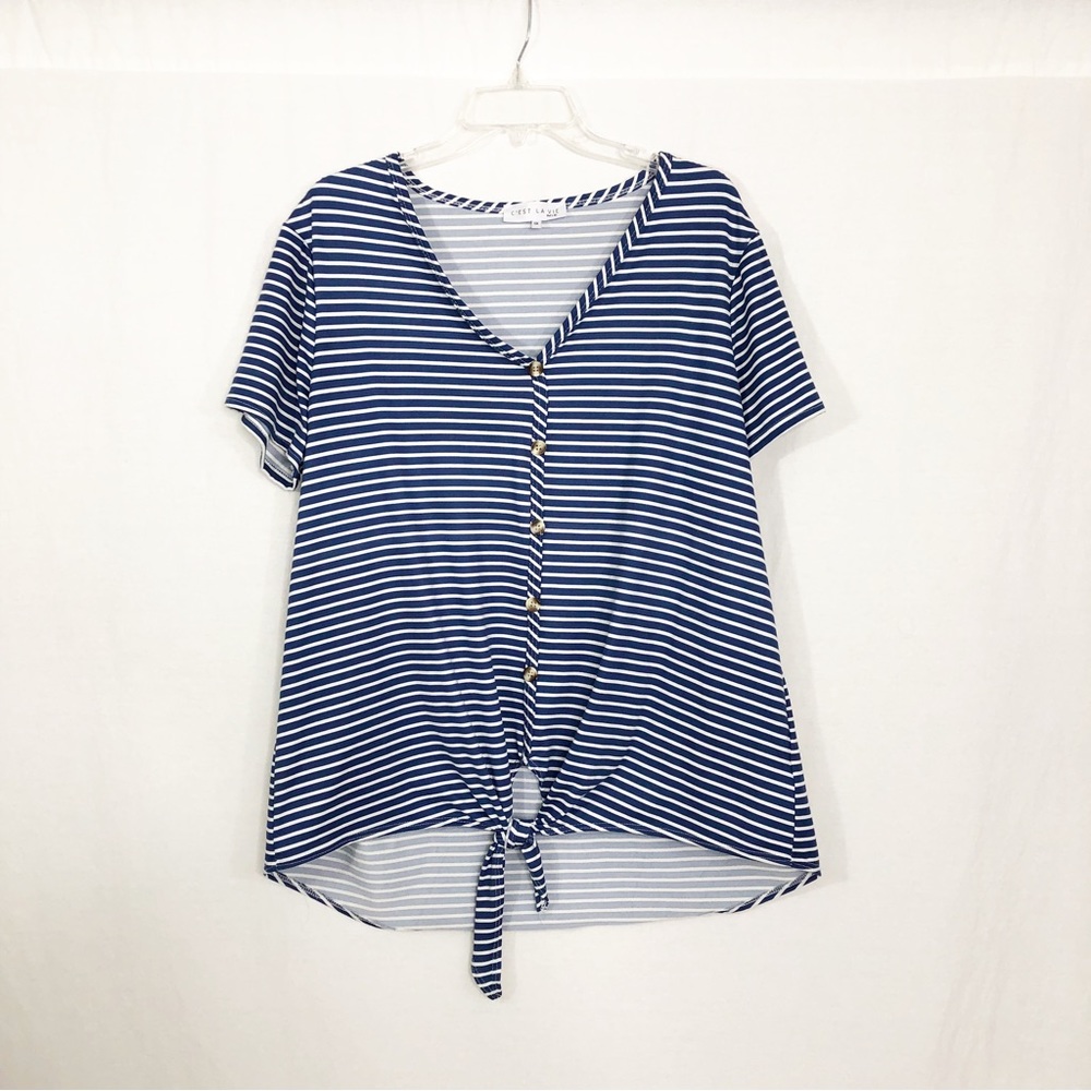 C’est La Vie V-Neck Short Sleeve Top, Size 1X, Blue White Stripes